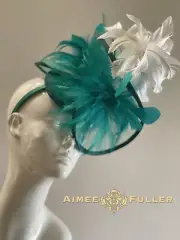 Kentucky Derby Fascinator Hat Teal Emerald Green White Feathers Ascot Del Mar
