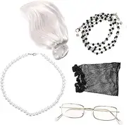 SAFIGLE Set Old Cosplay Set with Grandma Wig Eyeglasses Pearl Necklace Earrings for Themed Parties Halloween Costumes and Creative Dress Up for Women