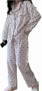 [codcm] Womens Cotton Flannel Pajama Set Cute Heart Pjs Long Sleeve Button Down Shirt and Long Pants Warm Sleepwear