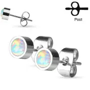 Pair of Round Synthetic Opal Bezel Set 316L Stainless Steel Stud Earrings 20g