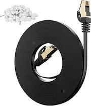 Adoreen Cat 7 Flat Outdoor Ethernet Cable 100 Ft-Black, High-Speed Shielded Internet Network Cable, S/FTP, POE, 10Gbps 600MHZ Thin Slim Cat 6E 6A Patch Cord LAN Wire, LLDPE, Direct Burial + Clips