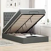 vidaXL Ottoman Bed with Mattress & Storage - King Single Dark Grey, Fabric Upholstered, Pocket Spring, LED