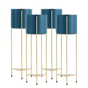 NNEAGS 4X 2 Layer 65cm Gold Metal Plant Stand with Blue Flower Pot Holder Corner Shelving Rack Indoor Display
