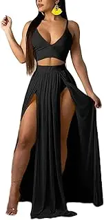 [Mintsnow] Women Sexy 2 Piece Outfits Dress Chiffon Strap Deep V Neck Bra Crop Top High Split Maxi Dresses Skirt Set - Black - Medium