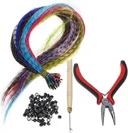 Vaguelly 50Pcs Hair Extension Kit with Crochet Hook Plier Rings Synthetic Hair for Unique Hairstyles Easy Installation Removal for Random Color