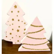 NWT: Paper to Quill - Set of 2, Pink Christmas, Wooden Trees with Gold Glitter