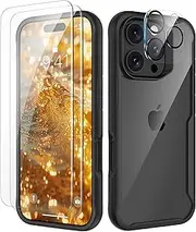 ORETECH 4 in 1 Compatible with iPhone 16 Pro Max Case 6.1 Inch, with[2X Screen Protector &Camera Lens Protector],[Anti-Yellowing] Shockproof Bumper Cover for iPhone 16 Pro Max Phone Case-Black