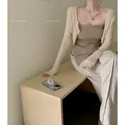 Strapless Plain Top / High Waist Plain Wide Leg Pants / Plain Cardigan Cardigan - Almond - One Size