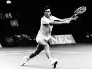 Jeremy Bates of Great Britain in action during the Davis Cup agai - Old Photo