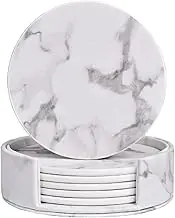 Leather Coasters with Holder Set,Coasters for Drinks,Round Cup Mat Pad for Home and Kitchen Use (Marble)