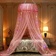 Mosquito Net Dome, Princess Bed Canopy Netting Curtain Round Lace with Star String Lights for Decor, Home &Travel Use Mosquitos Tent,Red