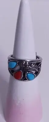 Southwest Turquoise And Coral Silvertone Ring Size 6
