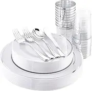 LATERN 150Pcs Multi-Use Silver Plastic Dinnerware Set, 25Pcs Reusable Dinner Plates, 25Pcs Salad Plates, 25Pcs Knives, 25Pcs Mini Forks, 25Pcs Spoons, 25Pcs Cups for Wedding Anniversary Garden Party