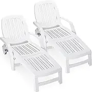 Costway 2PCS Outdoor Chaise Lounge Chair, 5-Position Adjustable Recliner with Storage Box and Flexible Wheels, All-Weather Folding Patio Lounge Chair for Poolside, Beach and Backyard, White (2)
