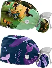 [YTYVAGT] 2-Pc,Nurse Scrub Caps,Scrub Hats with Buttons and Cotton Sweatband,Vintage Butterfly Hot Air Balloon