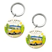 2PK Nostalgic Art Metal 7.5cm Round Keyring Hanging Keychain VW Lets Get Away