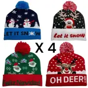 Set of 4 LED Xmas Beanies - Light-Up Hats with Tree & Snowman or Adults/Kids
