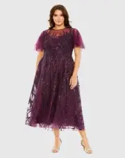 MAC DUGGAL Size 22 Purple 20477 Flutter Sleeve Embellished Cocktail Midi Dress
