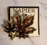 Napier Golden Brown Color And Enamel Maple Leaf Brooch Pin 2.25" New