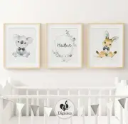Baby Nursery Wall Art Prints Australian animals Koala, Kangaroo, custom 3 set