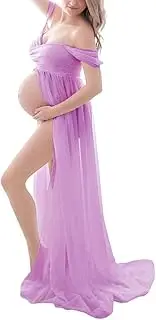 [MYKAGS] Maternity Dress for Photography Off Shoulder Chiffon Gown Split Front Maxi Pregnancy Dresses (Light Purple)