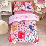 GRAT TIOC 4 Piece Pink Toddler Bedding Set for Girls,Soft Cats Floral Toddler Comforter Sets Include Comforter, Fitted Sheet, Flat Top Sheet and Pillowcase,Bed in A Bag for Bedroom