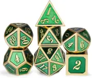 Green Gold and Gold Number 7 die Metal Polyhedral Dice Set with Metal Box