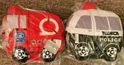 NWT Tomy Tomica 13" Police Car Fire Engine Truck Stuffed Plush Set Toreba Taito!