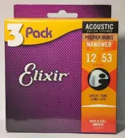 3 Pack Elixir Acoustic Guitar Strings 80/20 Bronze 12|53 Light Nanoweb Coating