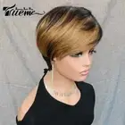 Women Short Pixie Cut Human Hair Wigs #27 Blondehighlight with Natural Bangs