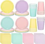 meekoo 72 Pcs Pastel Party Decorations Birthday Party Paper Plates and Napkins Sets Disposable Macaron Color Party Paper Plates Napkins Cups for Birthday Baby Shower Party(Colorful)