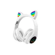 Cat Ear Wireless Over Ear Bluetooth Headphones LED Light Up Foldable Adjustable-White