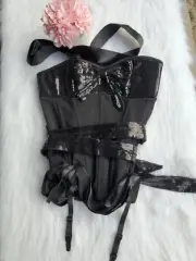 Adore Me Corset Small Black Hook Eye Bustier Sequin Halter Top Ribbon Garters