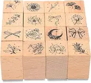 KALLORY 16pcs Retro Wooden Stamps for Boy Girl DIY Journal and Scrapbook Crafting Decorative Floral Patterns for Creative Projects