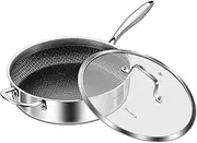 DELARLO Tri-Ply Stainless Steel 12 Inch Deep Frying Pan with lid 6QT Saute Pan Nonstick, Induction Compatible Chef Cooking Pan, Large Pan Dishwasher & Oven Safe