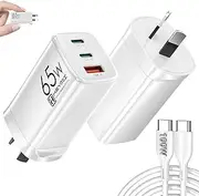 HEYMIX 65W USB-C GaN Charger, Fast USB PD Wall Charger, 45W/30W/25W/20W USB C Power Adapter 3-Port AU Plug Compatible with Macbook Pro/Air, iPhone 14/13, S24/S23, Pixel, Dell, Thinkpad,iPad Pro, White