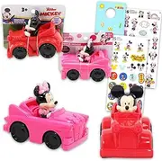 Disney Action Figure Toys Set - Bundle with 3.5" Mickey Mouse and Minnie Mouse Racing Pull Back Action Vehicles Plus Stickers, More | Disney Party Supplies Toy Car Set