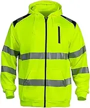 Sicalobo Men's High Visibility Safety Sweatshirt,ANSI Class 3 Zipper Reflective Work Hoodie,Hi Vis Hooded Pullover Workwear