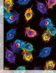 Animal Fabric - Rainbow Peacock Feather Toss Black - Timeless Treasures 28"