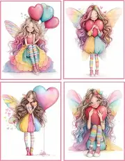 8 Quirky Girl Valentine Fantasy blank glossy fold out card with envelopes