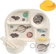 Shopwithgreen 5Pcs/Set Bamboo Fiber Children Board Food Plate Bowl Cup Spoon Fork Set Dishware Cartoon Tableware Dishwasher Safe Kids Healthy Mealtime (Planet)