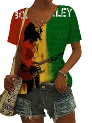 Jollylinen Women's Retro Reggae Print Short Sleeve Top As Picture M