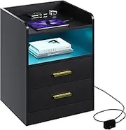 Ufurniture Bedside Table with Wireless Charging Station, Nightstand with RGB Light & Human Sensor Design, End Table with USB and Type-C Ports, 2 Drawers and Storage Shelf (Black)