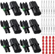 Glarks 60Pcs 6 Kit 2 Pin Way Waterproof Automotive Electrical Wire Connectors Terminals Plugs Kit, 2 Male & Female Pin Terminal Automotive Harness Plug Car Spark Plug Connector Set for Car Truck Boat