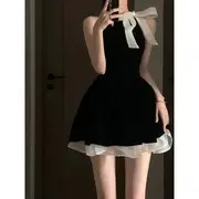 Sleeveless Crew Neck Two Tone Tie-Up Panel Mini A-Line Dress Black - M