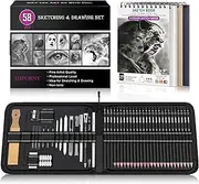 HIFORNY 58 PCS Drawing Kit Sketching Pencil Set,Sketch Pencils Art Supplies with 3-Color Sketchbook,Graphite,Charcoal,Blending Tools,Drawing Pencils for Adults Artists