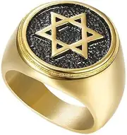 [ZENRUIMING] Men's Israel Titanium Steel Gold Plated Ring, Vintage Hexagram Titanium Steel Ring