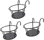 Generic 3 Pieces Iron Art Hanging Basket Shelf Container Multipurpose Plant Holder with Hook for Porch Home Office Railing Garden, Black