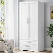 ALFORDSON Wardrobe Cabinet with 2 Sliding Drawers White Color, 2-Door Wooden Closet 76x 50x 181 cm, Dresser Clothing Organizer Clothes Storage Cupboard for Bedroom Living Room