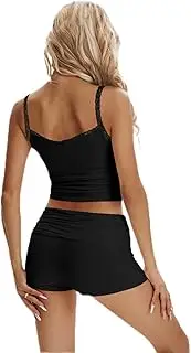[Best Rose] Fold Over Shorts Two Piece Set Spaghetti Strap Crop Stretchy Drop Waist Mini Lounge Outfit Y2K Summer Style